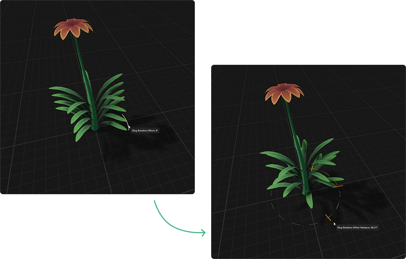 Two images of a plant, one with its leaves perfectly in line and the other with the leaves randomly offset around the stem.